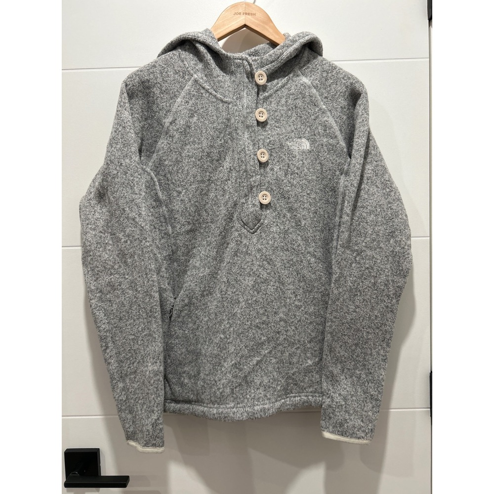 The North Face Crescent Hooded Pullover Grey Heather Fleece Button Zip Sweater L